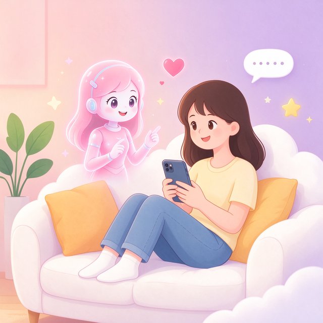 talai AI陪伴聊天场景插画：女孩与虚拟伙伴温馨互动